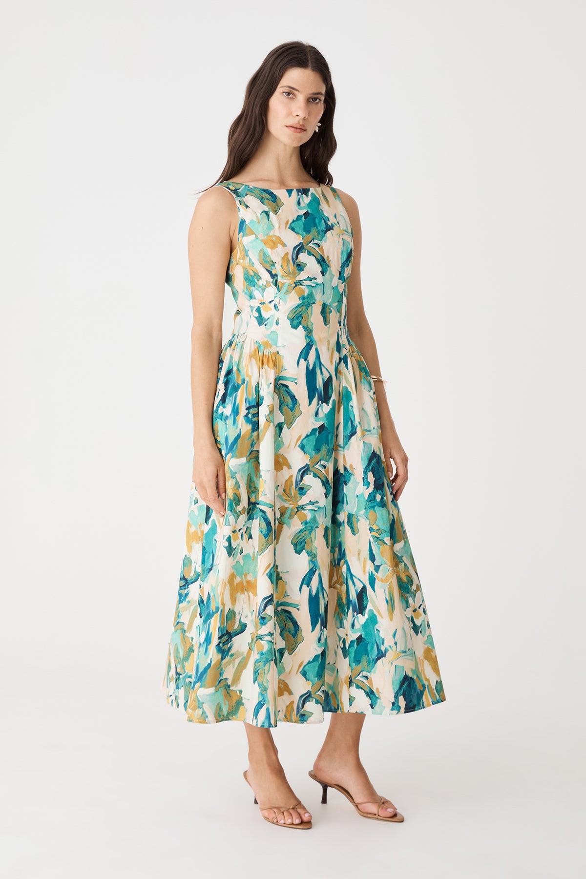 Liza Gather Detail Print Dress in Teal Watercolour, side-on view of the A-line midi skirt