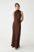 Lorelei Tie Neck Satin Dress in Fudge, front view of sleeveless high-neck satin maxi dress