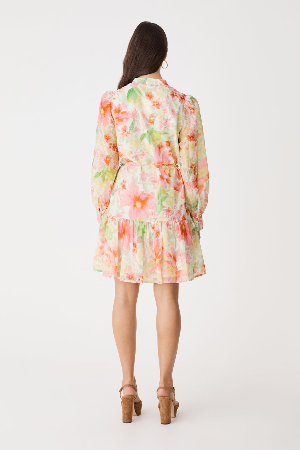 Back view of the pink floral tiered mini dress