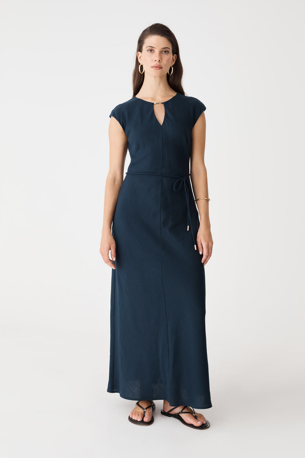 Phoebe Linen Blend Maxi Dress in navy, full-length front view with self-tie waist belt