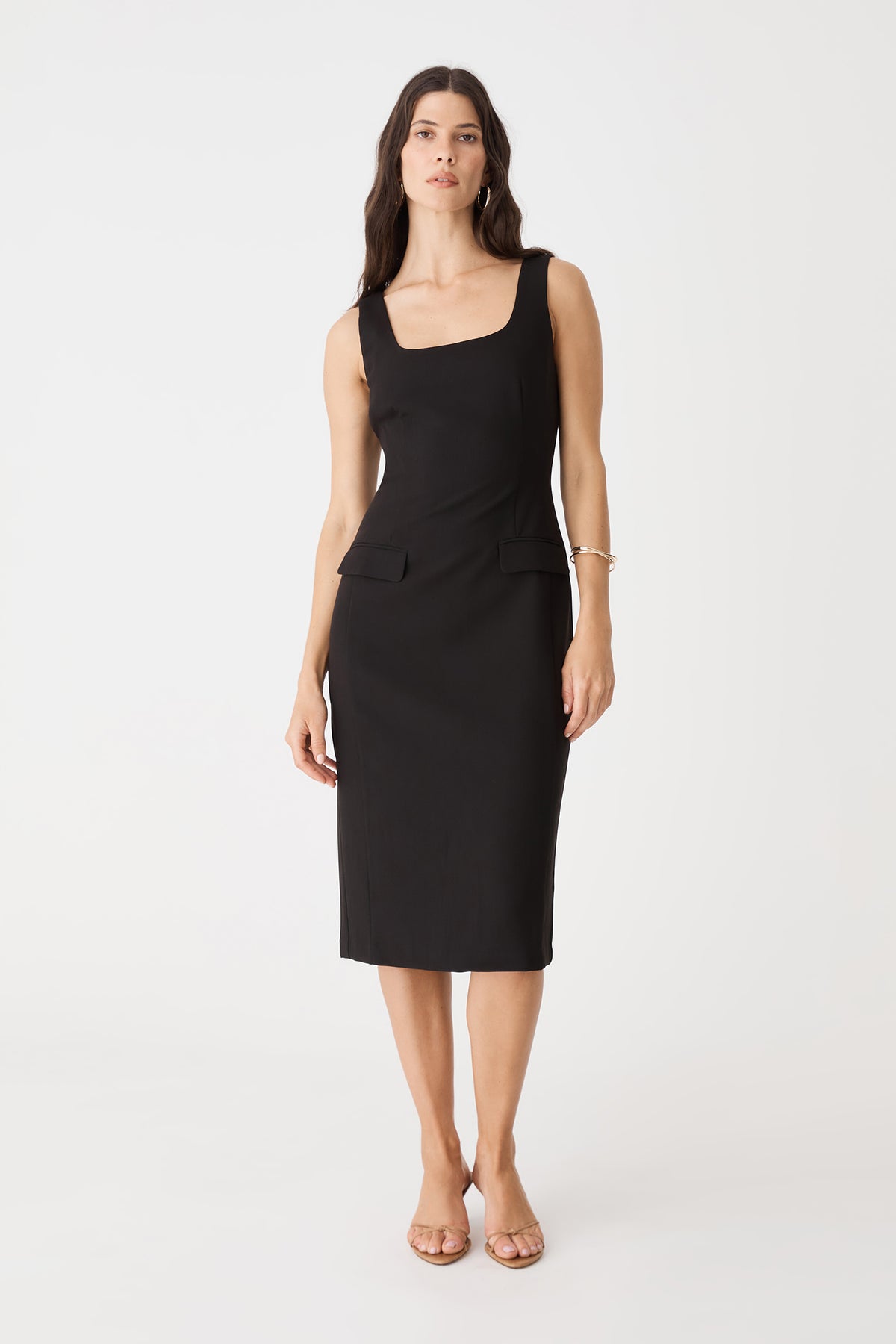 Melanie2 Tailored Pencil Dress in black, front view of sleeveless square-neck midi dress