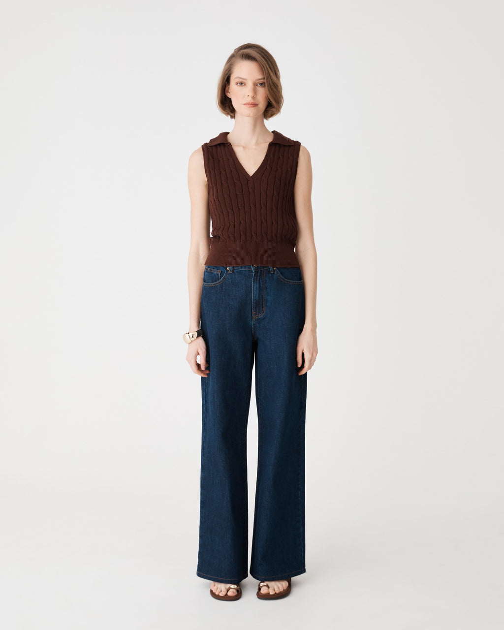 Nancy Wide Leg Jeans in dark denim, full front view with brown knit vest