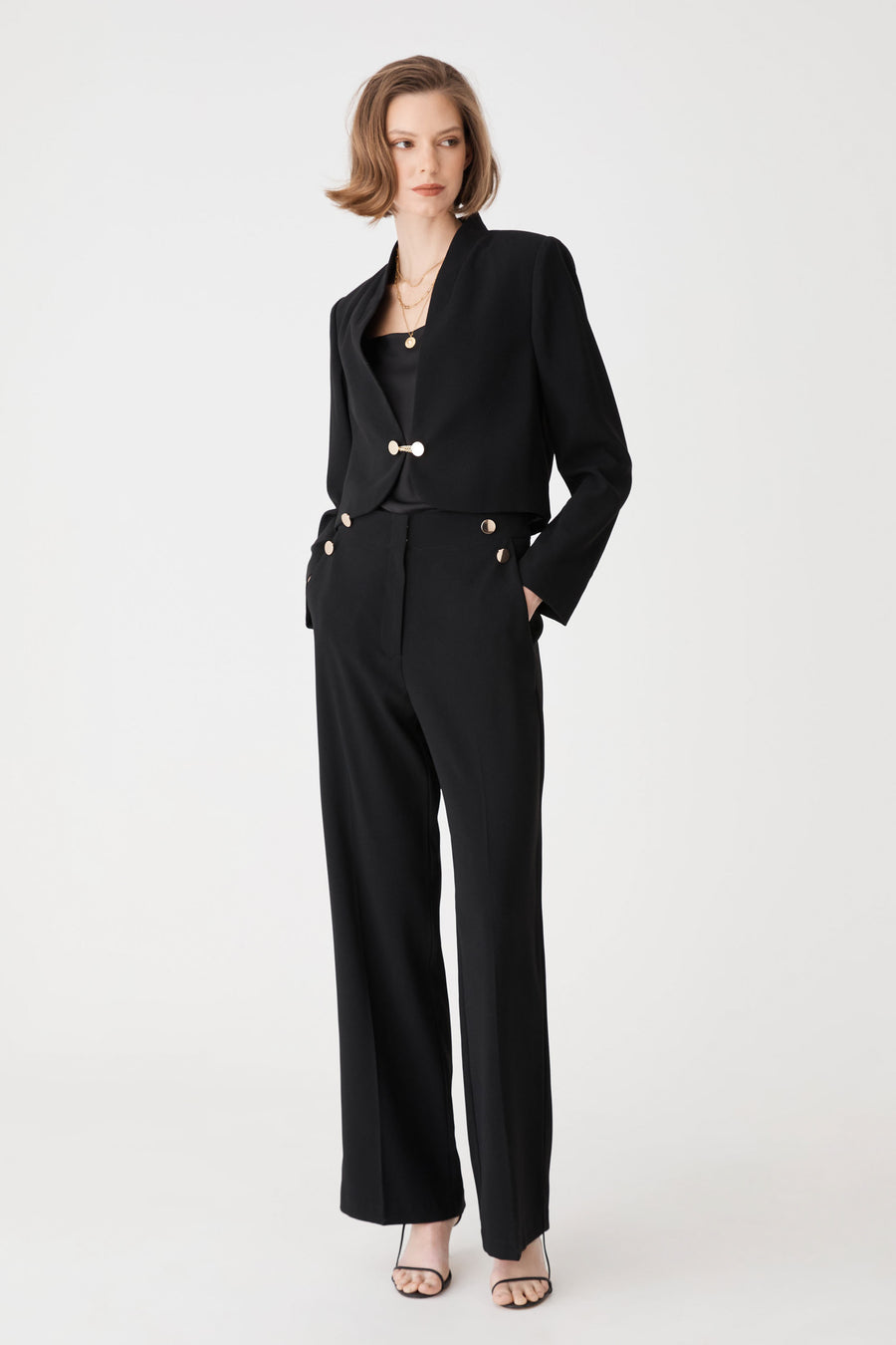 Veronica Crop Crepe Jacket in black, front view worn with matching black wide-leg trousers