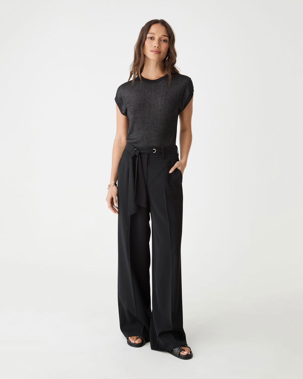 Saskia Lurex Knit Top in black, front view worn with black wide-leg trousers