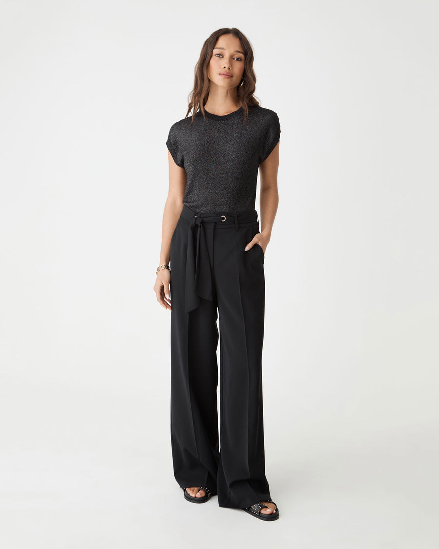 Saskia Lurex Knit Top in black, front view worn with black wide-leg trousers