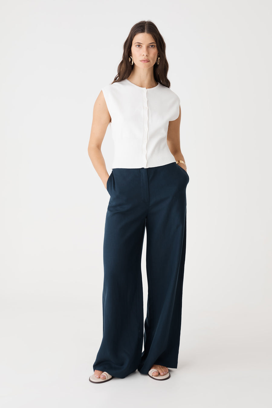 Phoebe Linen Lyocell Pants in navy, front view, worn with a white sleeveless top