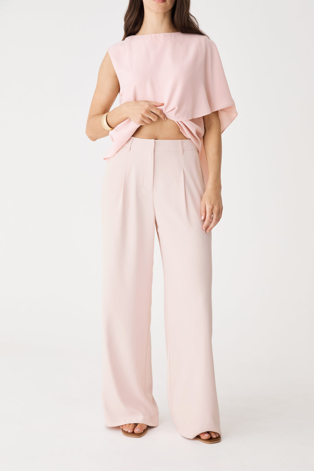 Front close view of the Fairy Floss pleated wide-leg pants showing front pleats and waistband