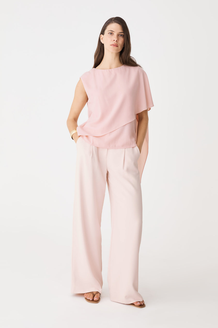 Daphne Pleated Crepe Pants in Fairy Floss pink, front view worn with matching pink top