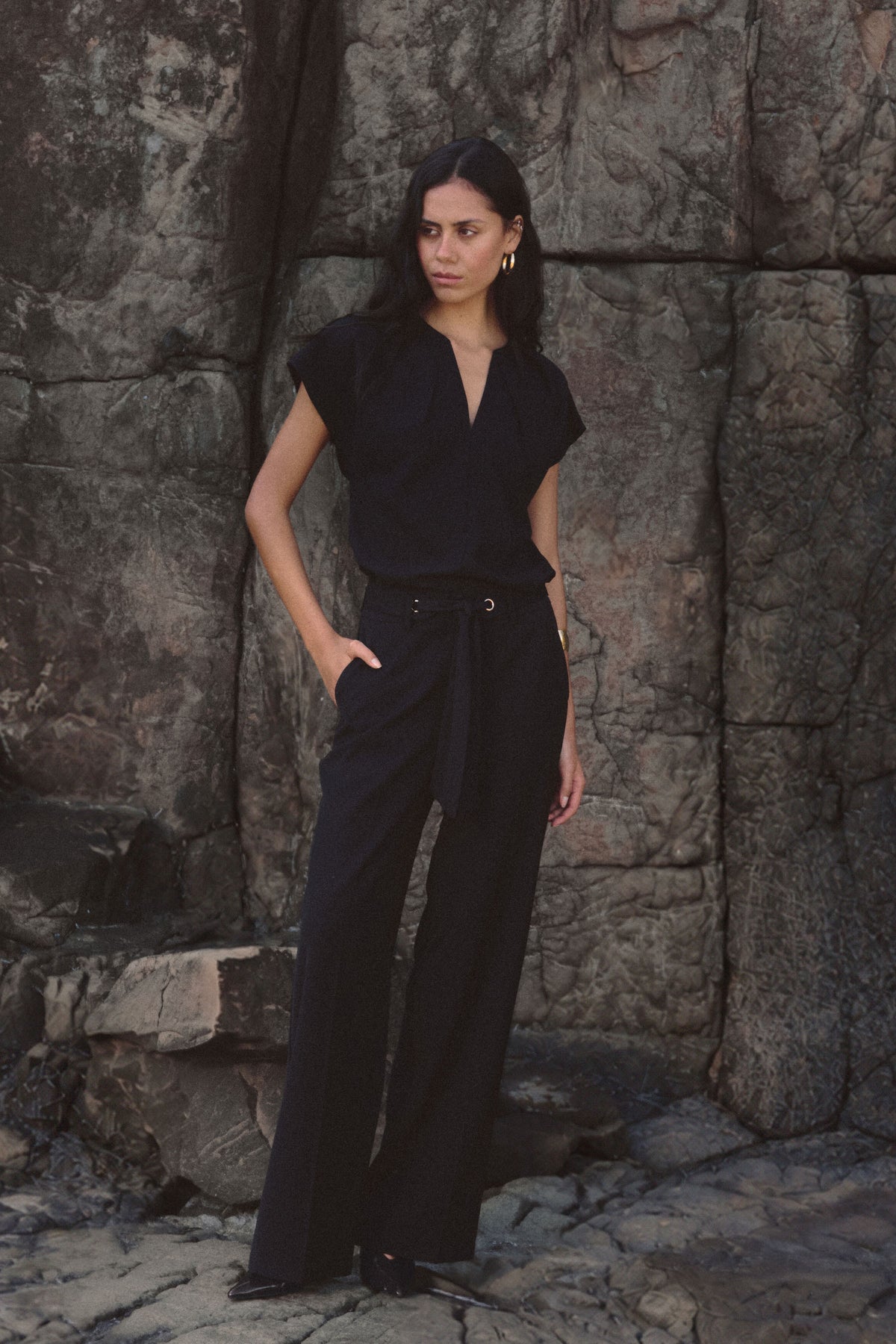 Natalie Belted Wide Leg Pants in black, front view worn with a black short-sleeve shirt