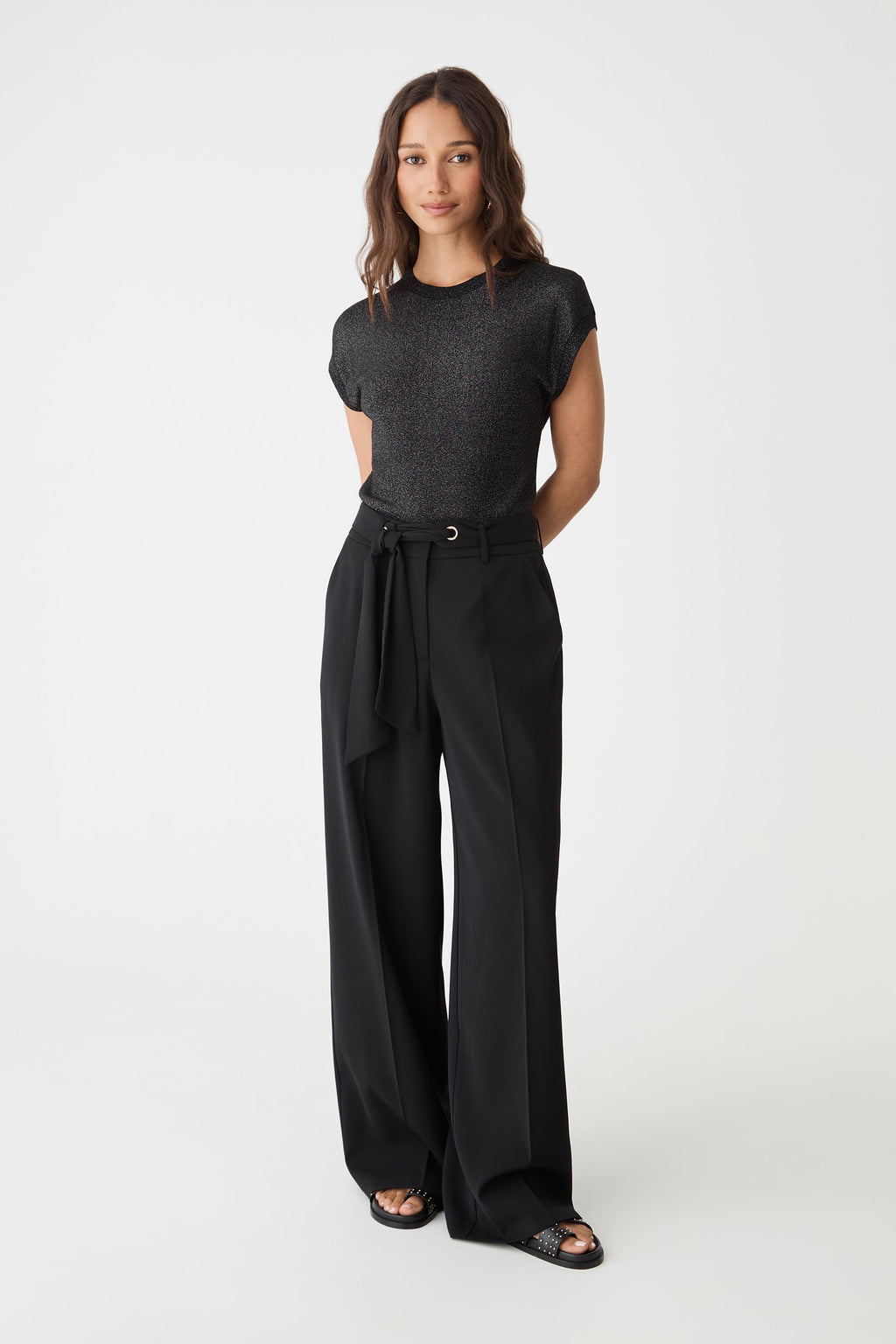 Natalie Belted Wide Leg Pants in black, front view with tied scarf belt and black top