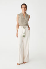 Natalie Belted Wide Leg Pants in cream, front view with olive botanical scarf belt and olive sleeveless top