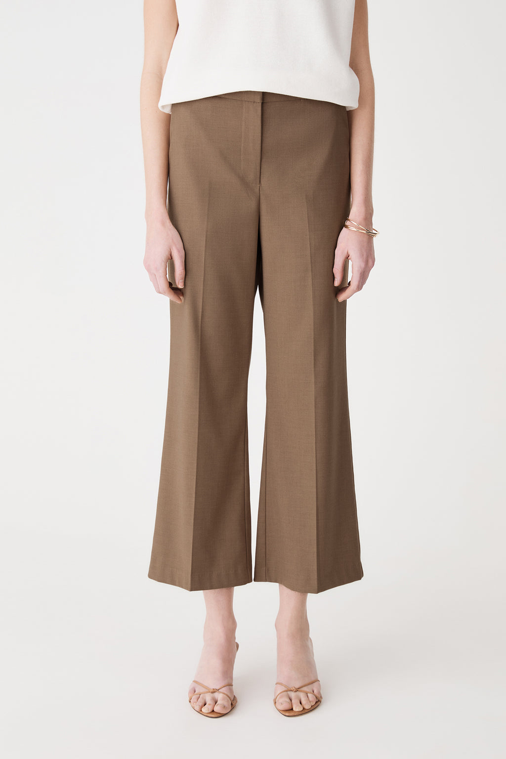 Close-up front view of the Cedar Marle crop flare pants showing waistband and front creases