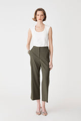 Milan Crop Flare Pants in khaki, front view worn with a white sleeveless top