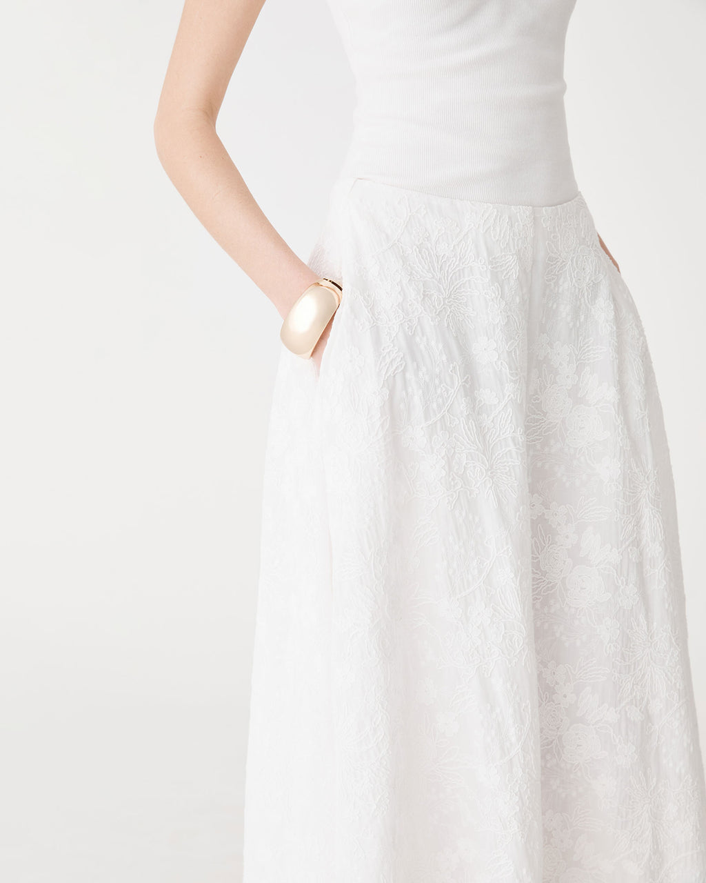 Eloise Embroidered Skirt in ivory — fabric detail