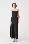 Louise Bias Satin Skirt in black, front view, maxi length worn with a black camisole top