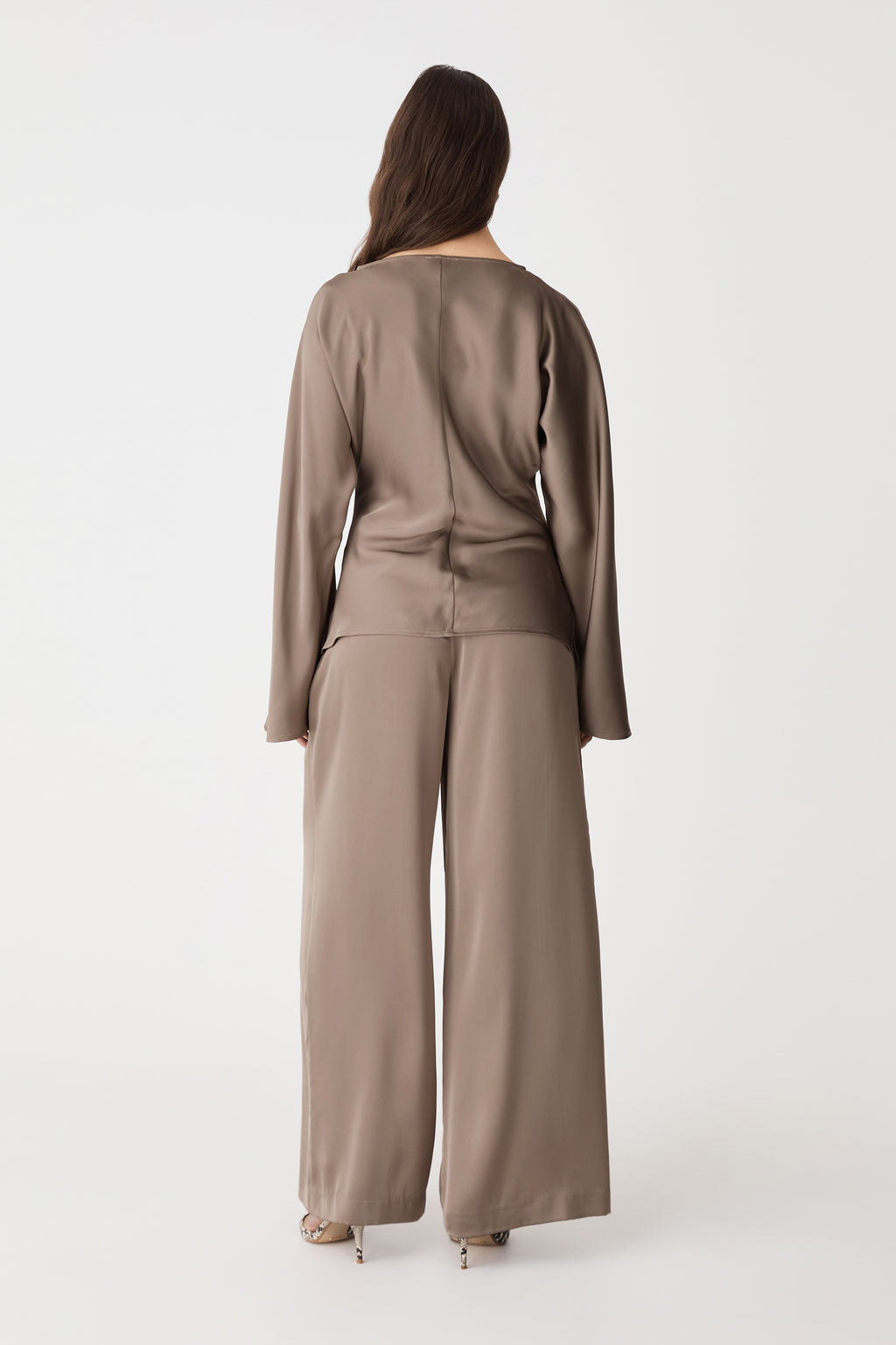 Back view of the mocha satin top and matching wide leg pants