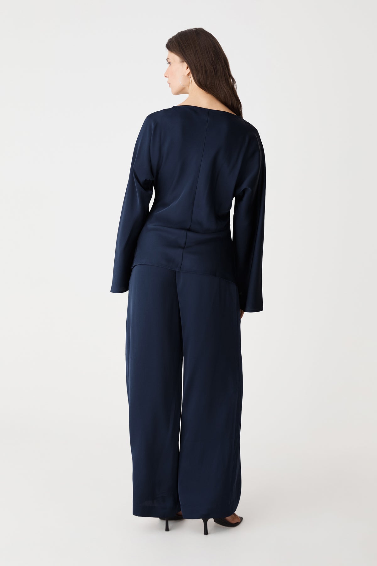 Back view of navy Asma Satin Bias Top with matching wide leg pants