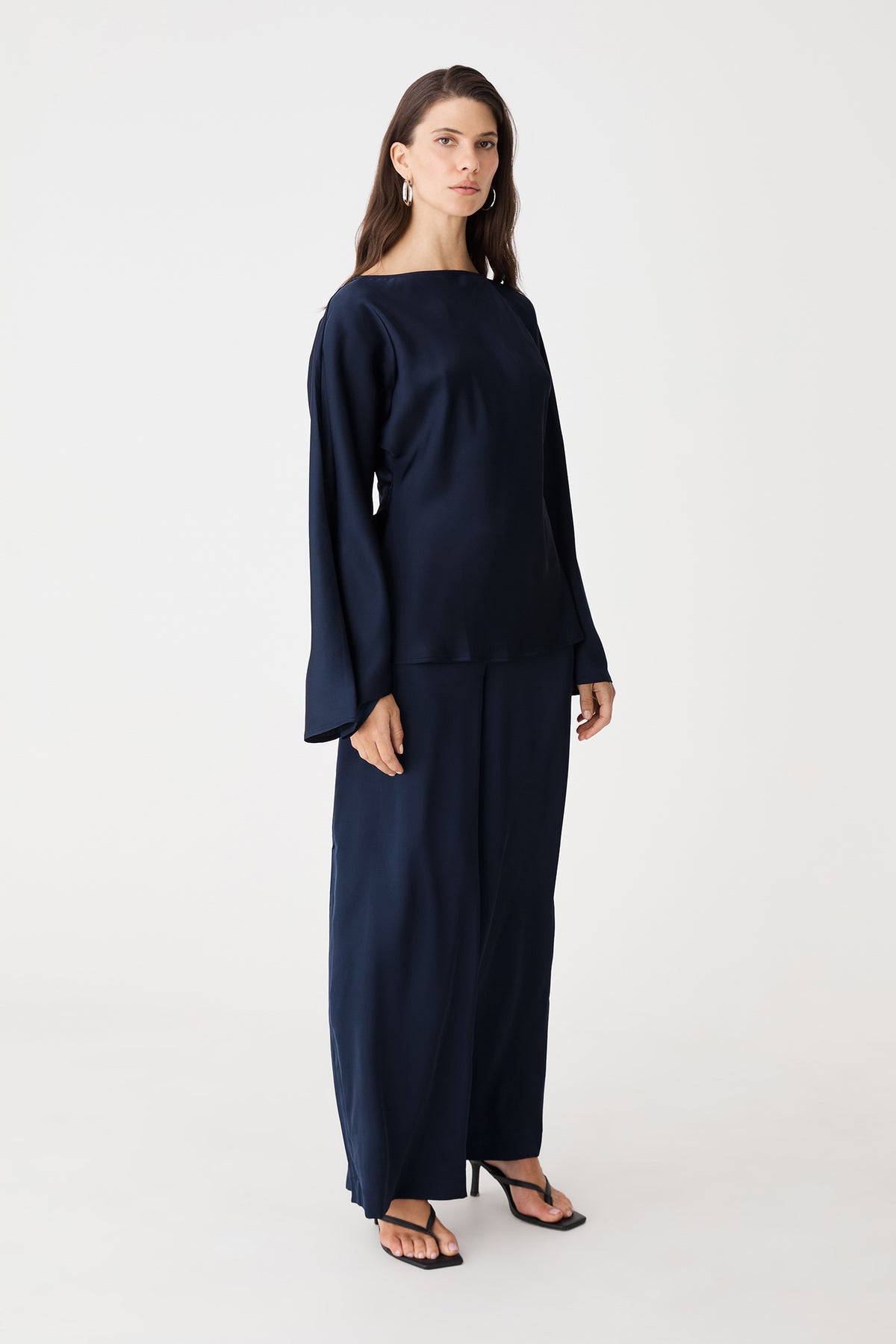 Side view of navy Asma Satin Bias Top with matching wide leg pants
