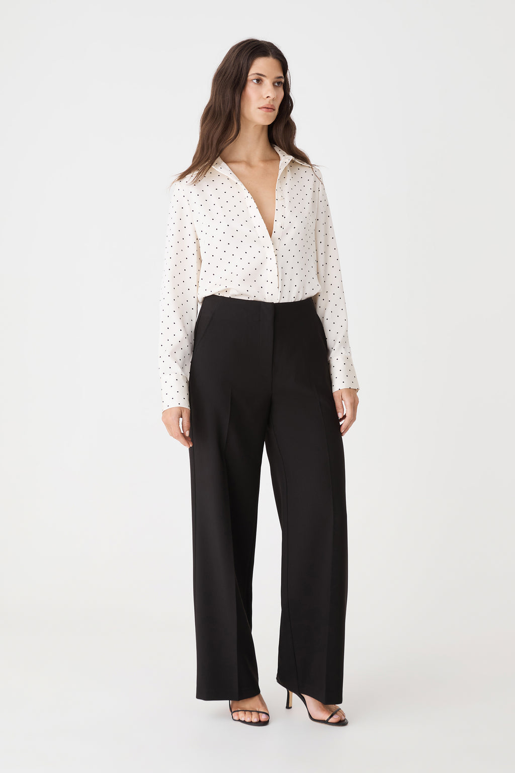 Courtney Satin Spot Shirt in Ivory & Black Dot, front view with hands at sides