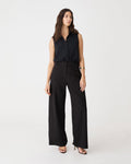 Brooklyn Sleeveless Shirt in black, front view worn with black wide-leg trousers