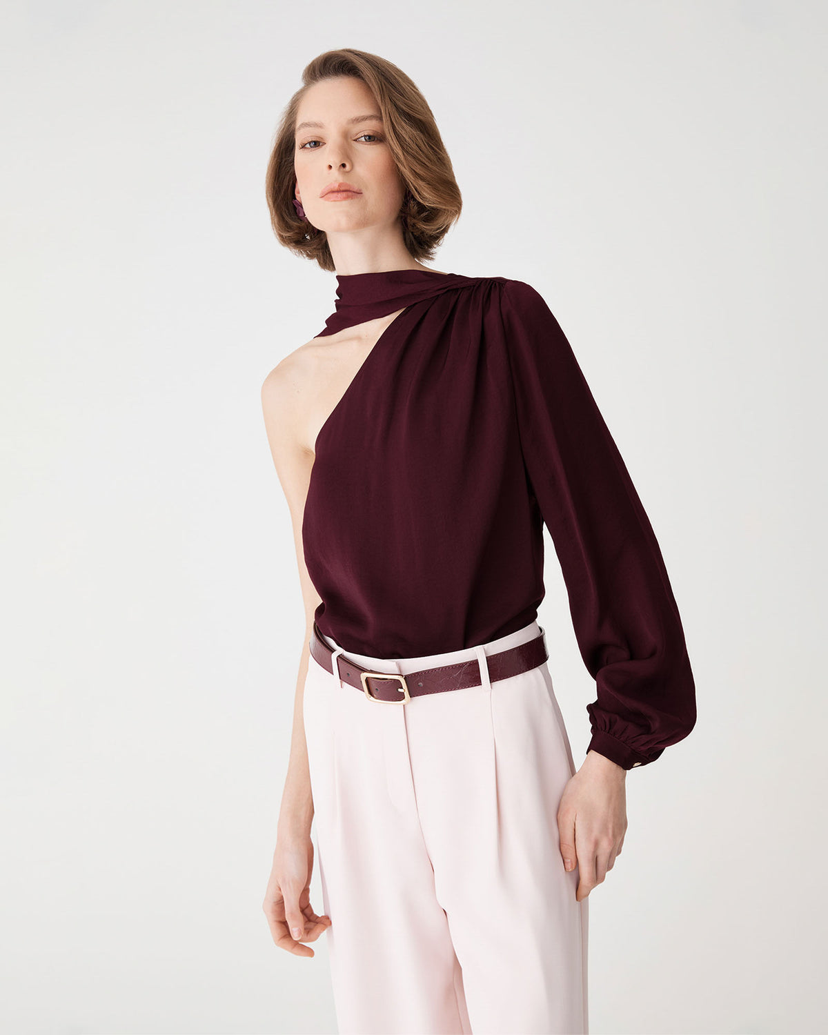 Opal One Shoulder Scarf Top in blackberry — fabric detail