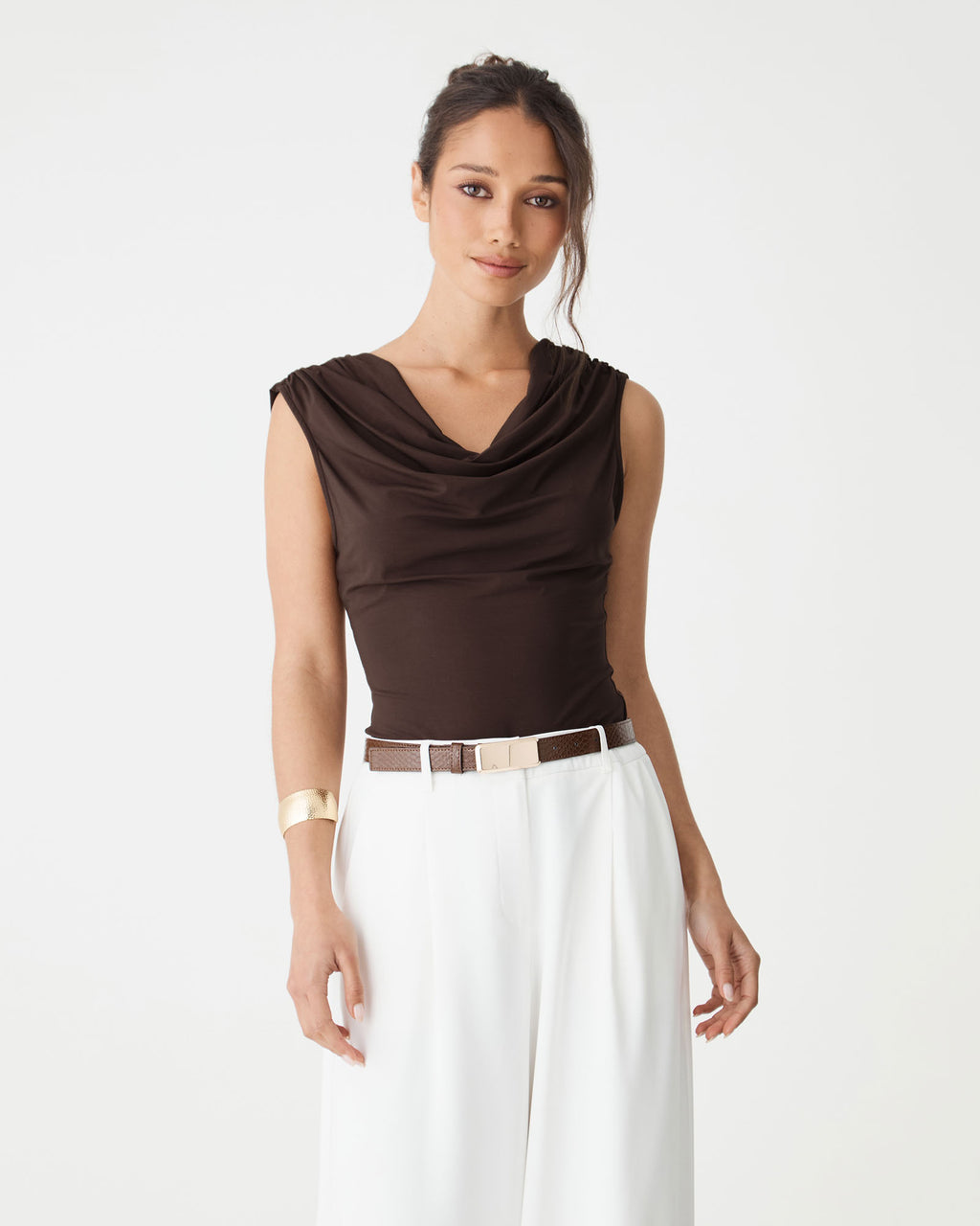 Front view of the Fudge cowl neckline and shoulder ruching