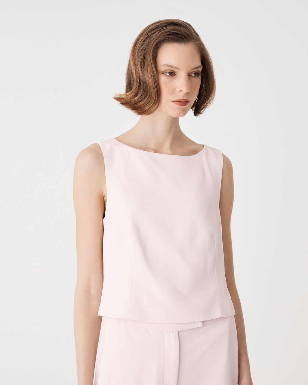 Chelsea Sleeveless Top in petal pink — fabric detail