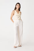 Aurelia Satin Cowl Neck Top in ivory, front view, worn with white wide-leg trousers