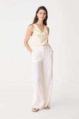Aurelia Satin Cowl Neck Top in ivory, front view, worn with white wide-leg trousers