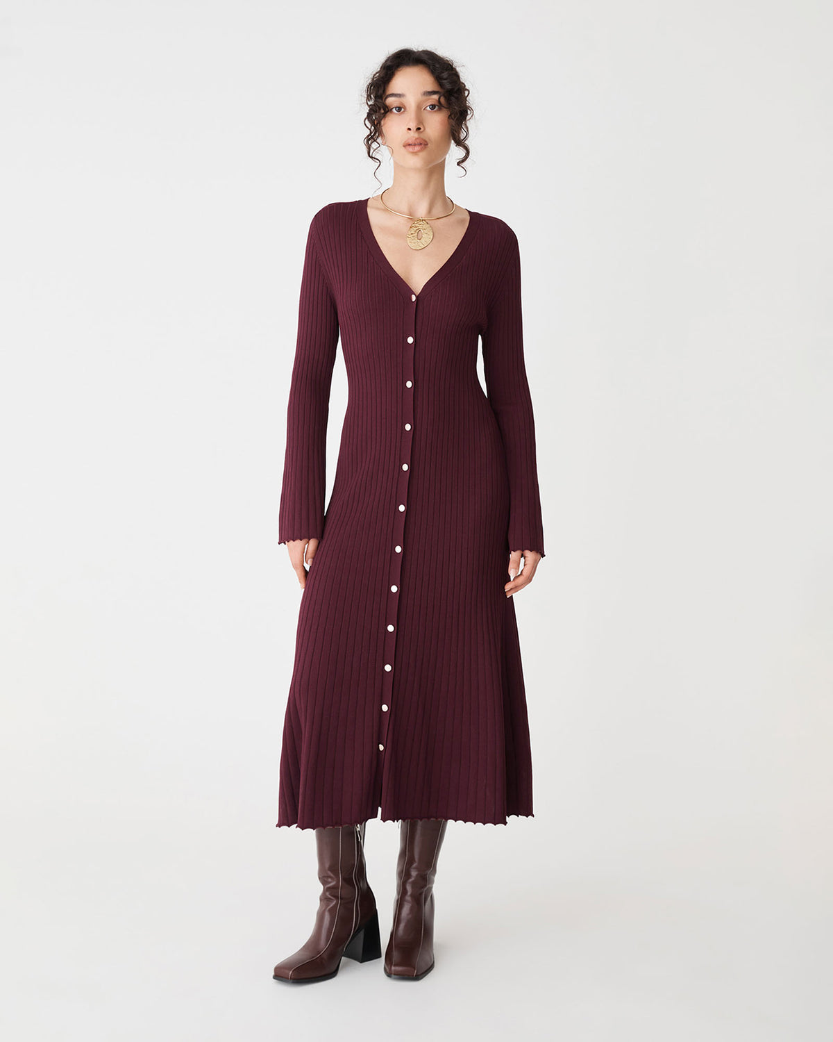Danica V-Neck Rib Knit Dress in mahogany — full-length view