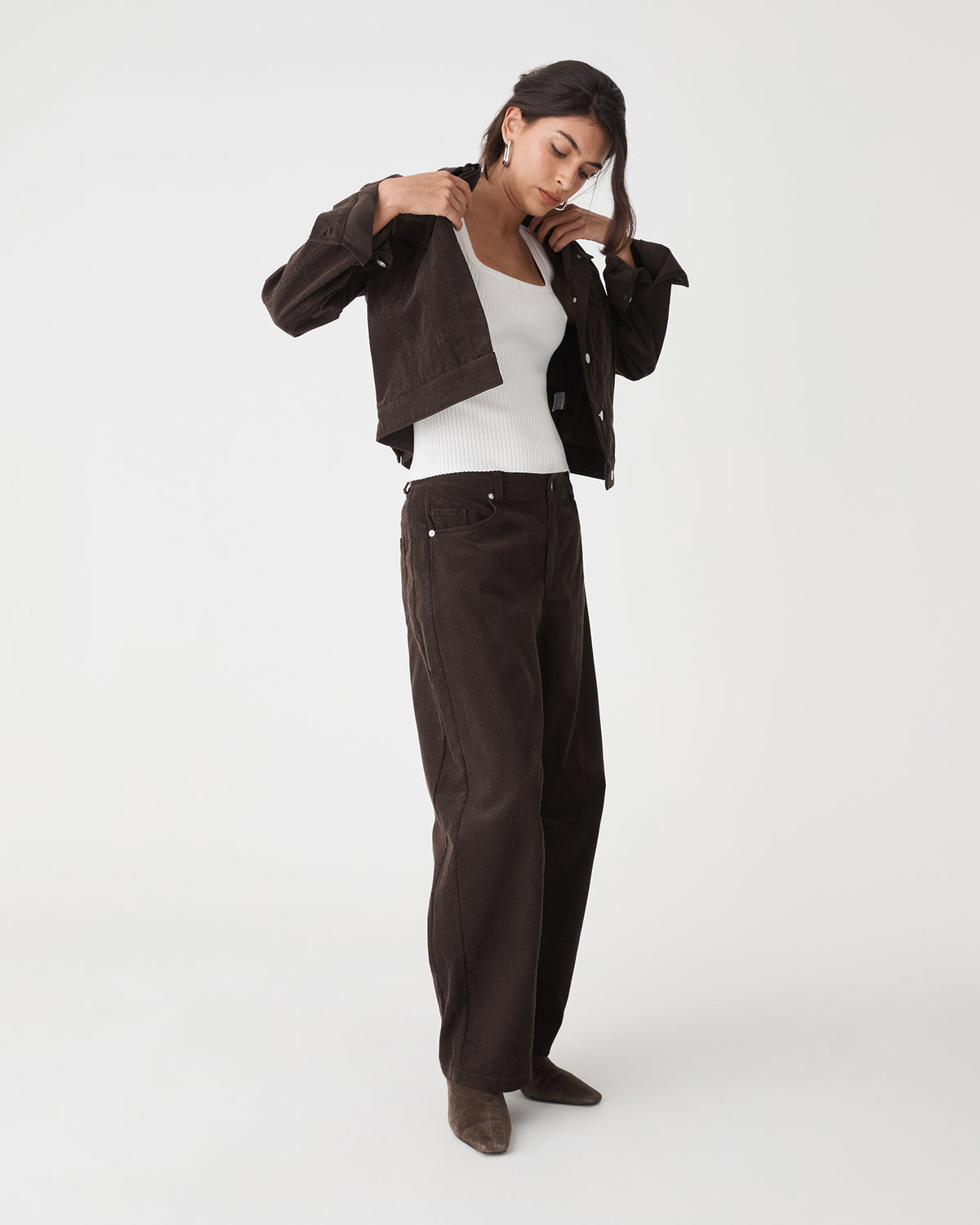 Nya Corduroy Jacket in chocolate — full-length view 2