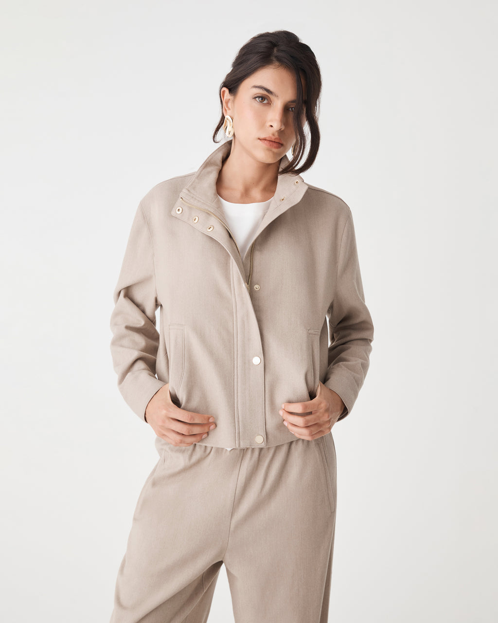 Irene Bomber Jacket in oat — close-up view