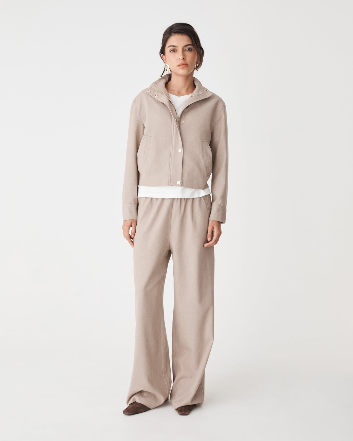 Irene Bomber Jacket in oat — full-length view