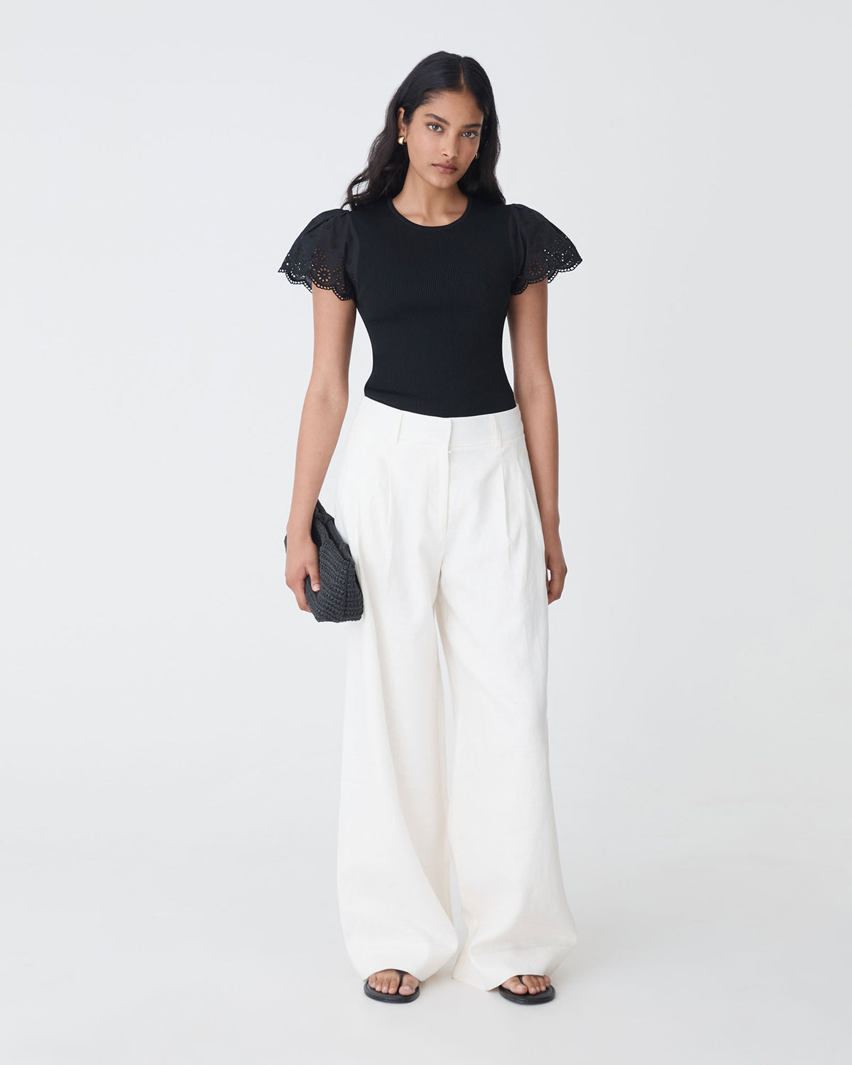 Sasha Embroidery Knit Top in black — full-length view