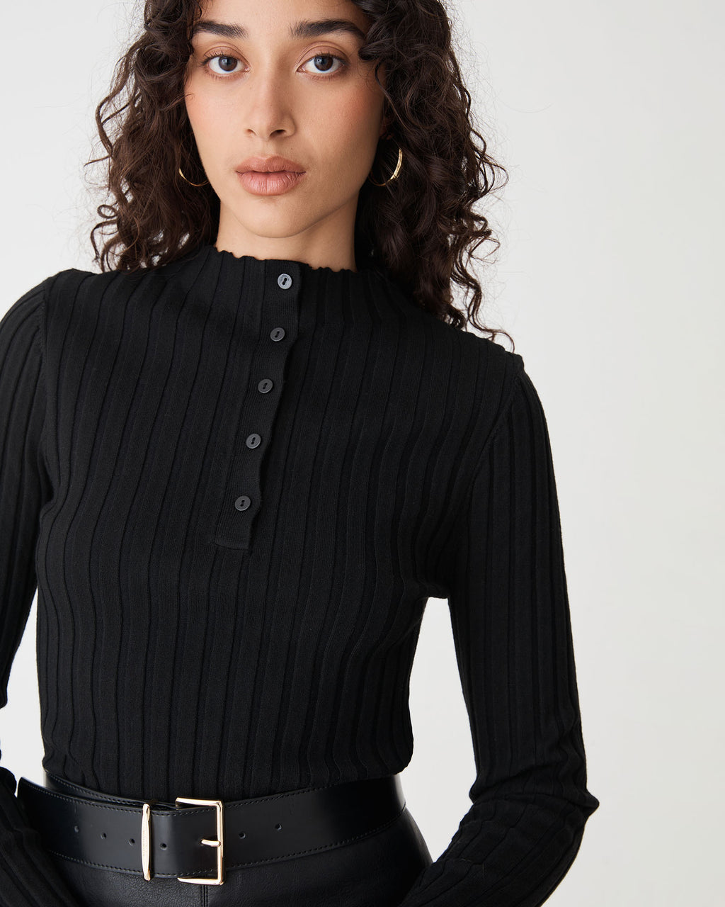 Inez Mock Neck Henley Knit in black — fabric detail