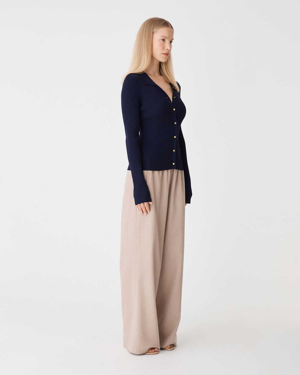Bristol Collared Rib Cardigan in navy — side view