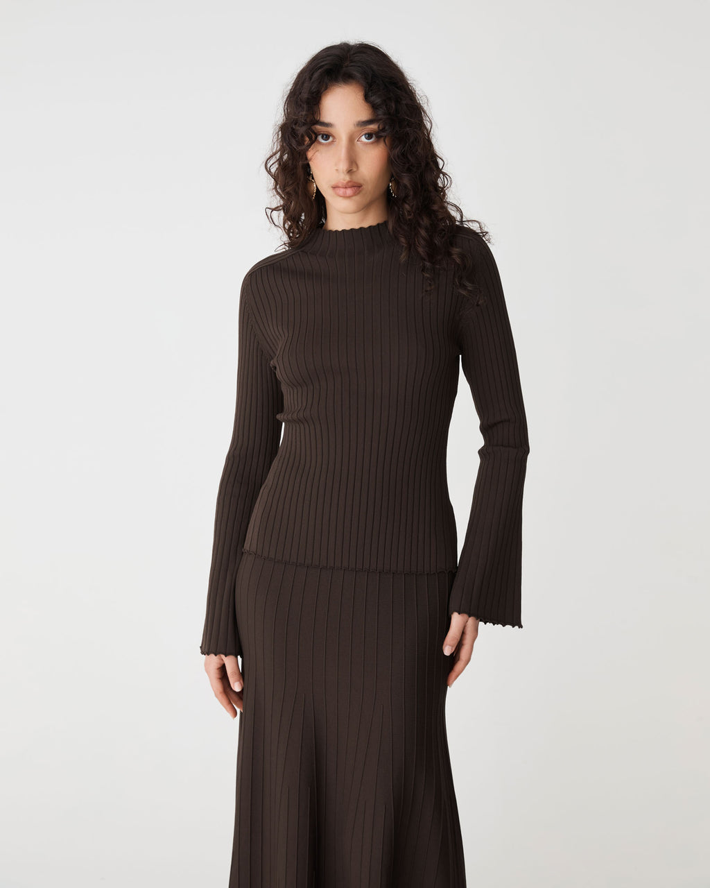 Nevaeh Bell Sleeve Knit in chocolate — close-up view