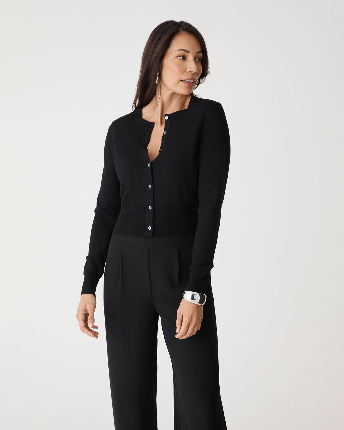 Jessie Crew Neck Cardigan in black — close-up view 2