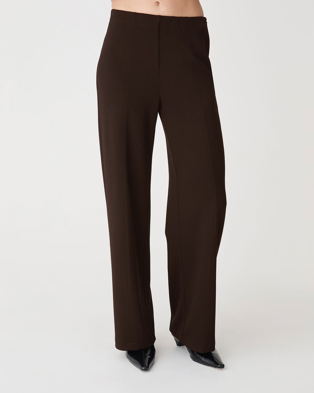 Juno Wide Leg Ponte Pants in chocolate — close-up view