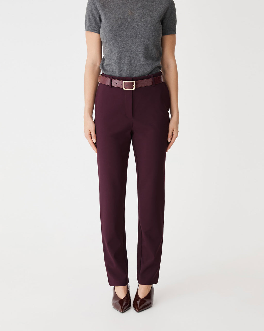 Grace Slim Leg Pants in plum — close-up view
