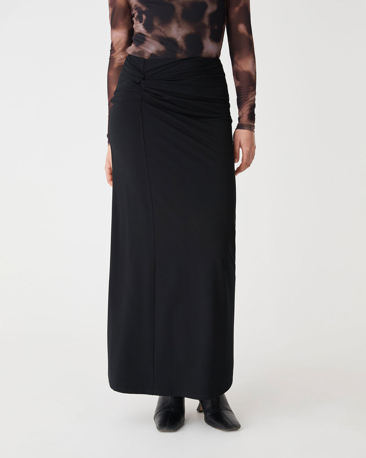 Dasha Ruched Bamboo Skirt in black — close-up view