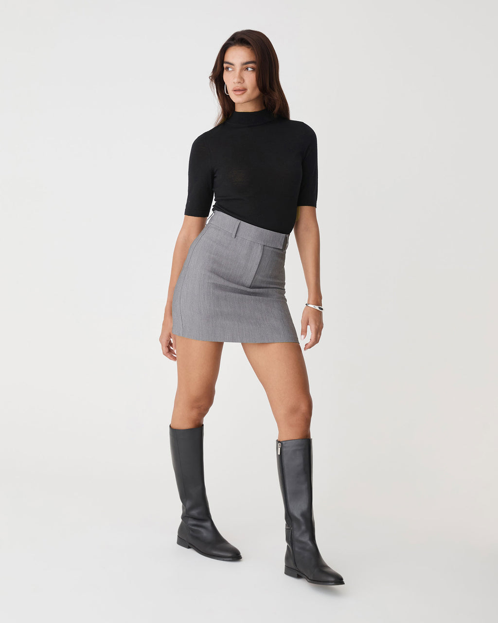 Nikki Straight Mini Skirt in melange grey — full-length view 3