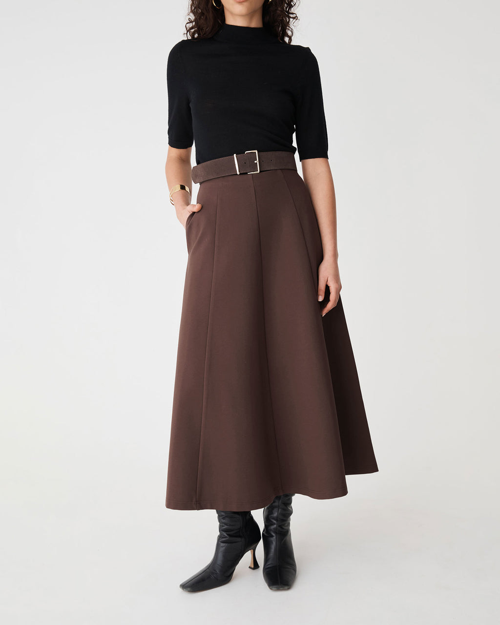 Janice A-Line Ponte Skirt in chocolate — full-length view 2