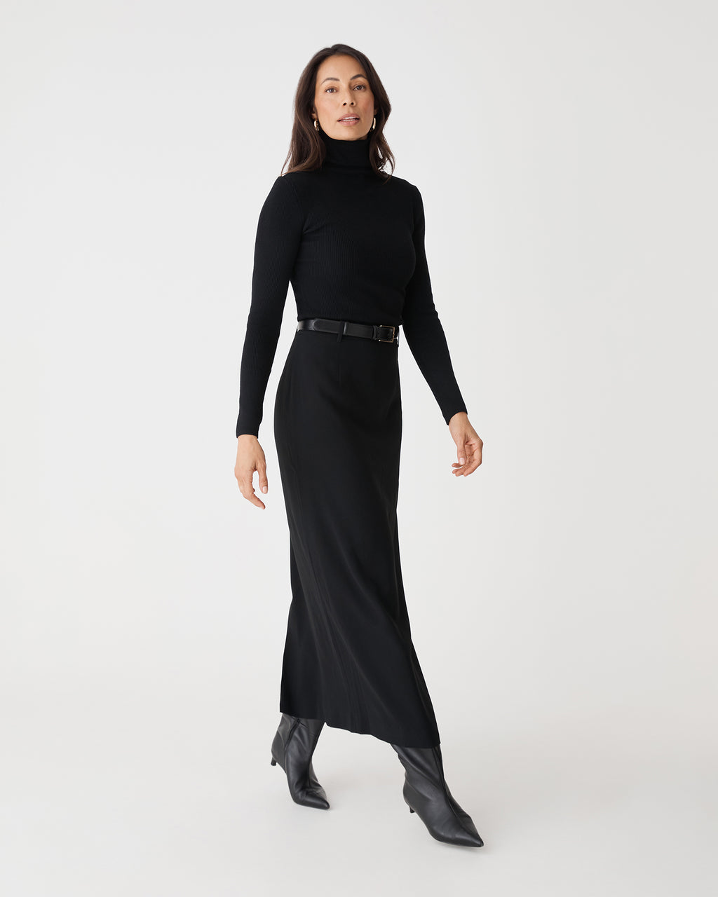 Kaitlyn Crepe Column Skirt in black — full-length view 3