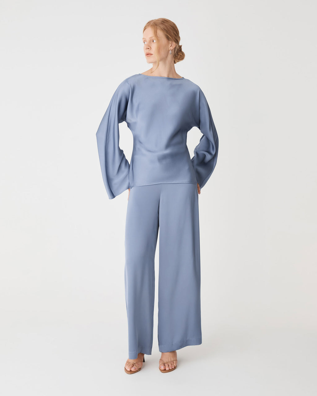 Asma Satin Bias Top in slate blue — full-length view