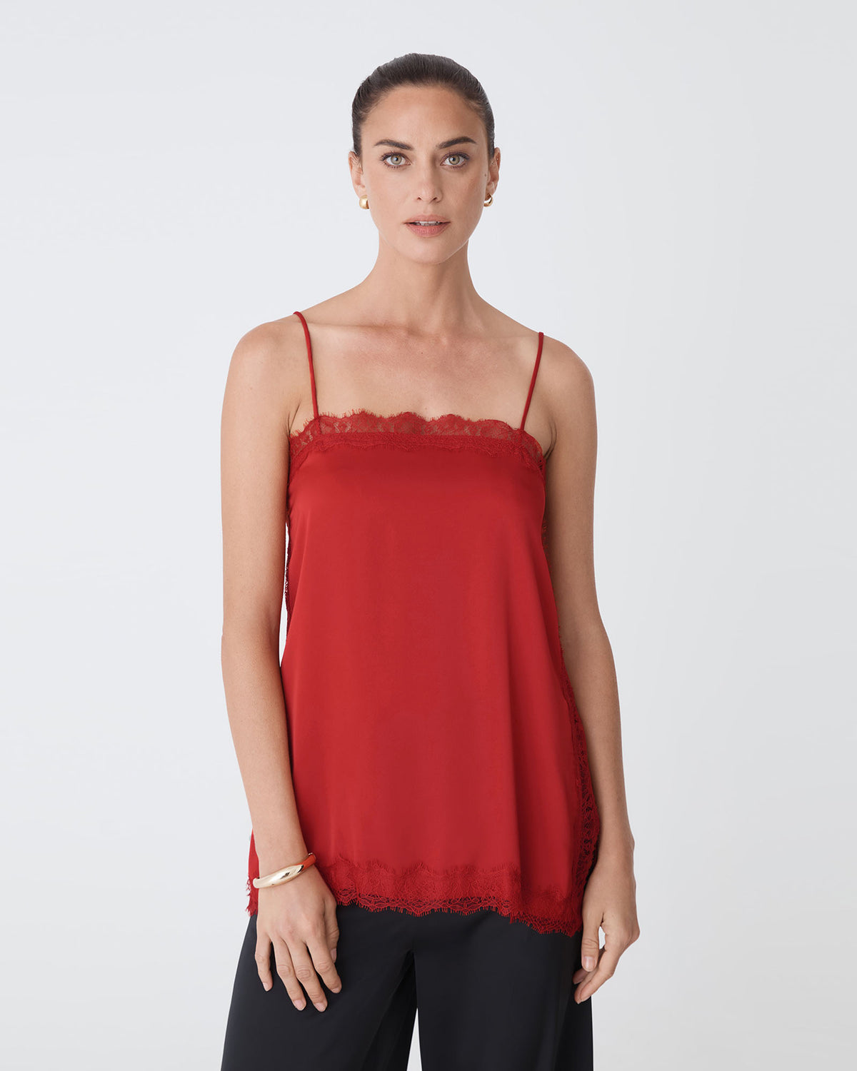 Cleo Lace Trim Satin Camisole in scarlet — close-up view