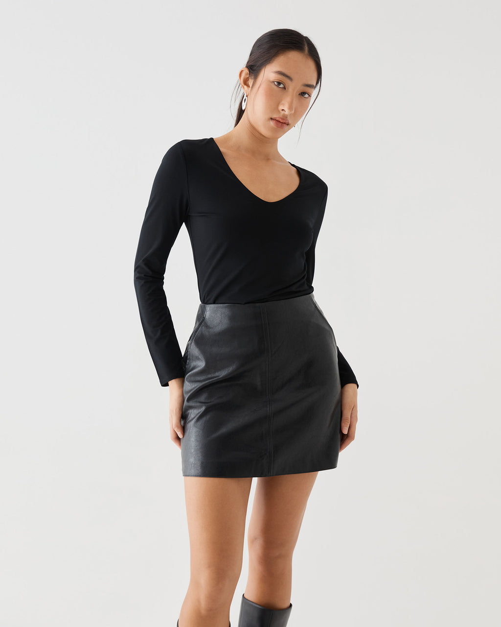 Isla V-Neck Bamboo Top in black — close-up view 2