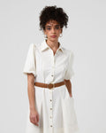 Elena Crochet Belt in tan worn at the waist over a white shirt dress, front view