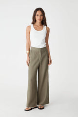 Ami Linen Elastic Back Pants in oregano, front view, wide-leg trousers worn with a white tank top