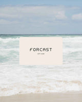 Digital Gift Card in cream with Forcast lettering, shown over an ocean and breaking waves background